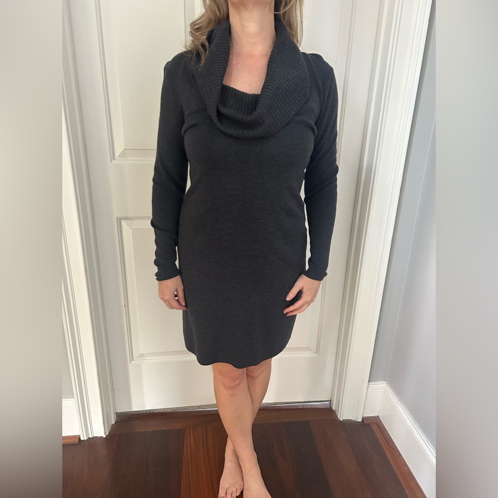 Ann Taylor Dark Gray Long Sleeve Sweater Dress with Cowl Neck